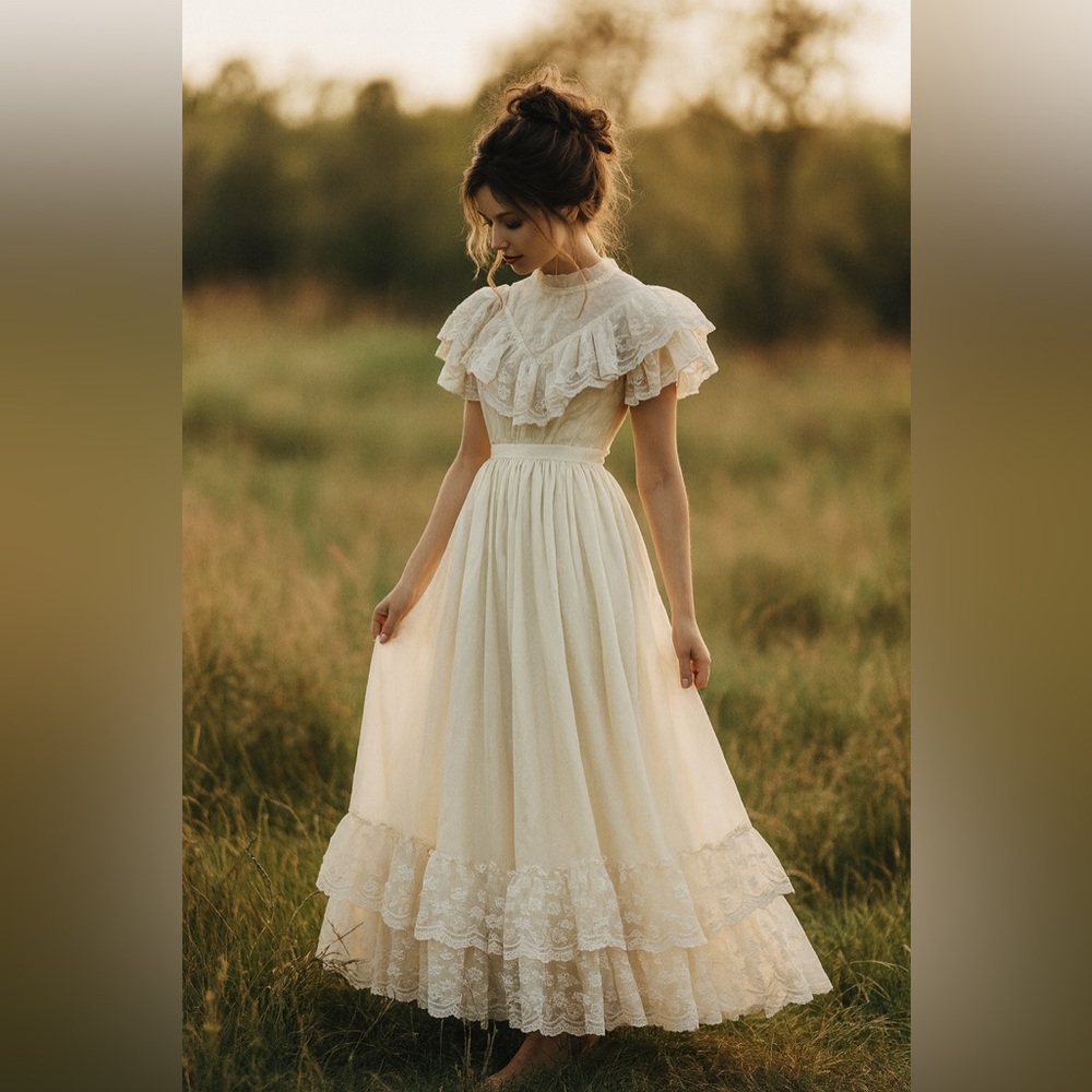 Vintage Gold Bell Ivory Lace Maxi Dress | Romantic Cottagecore Prairie Gown